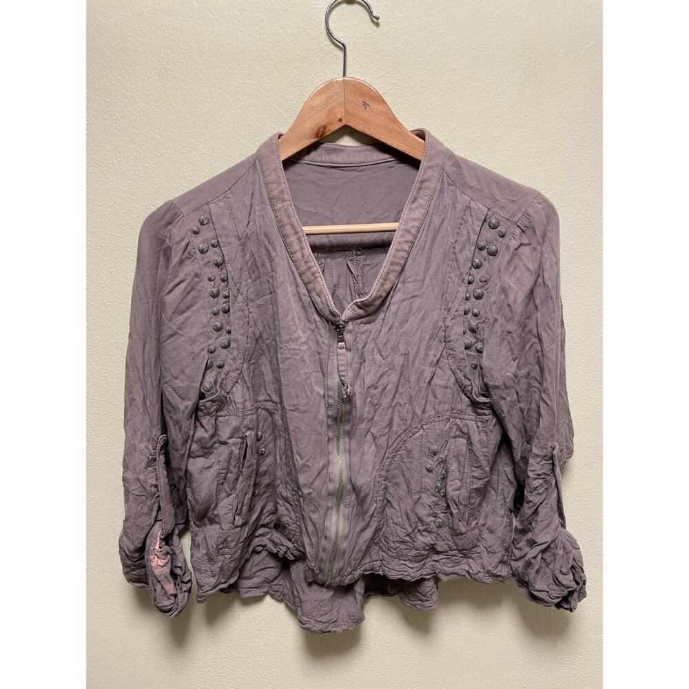 Womens Jacket Medium Gray Embroidered Roll Tab Sleeve Rayon Cropped Grunge READ